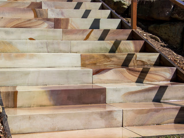 Highvale Diamond Sawn Sandstone Steps 1 Highvale Sandstone steps - Cornerstone Boulder Walls
